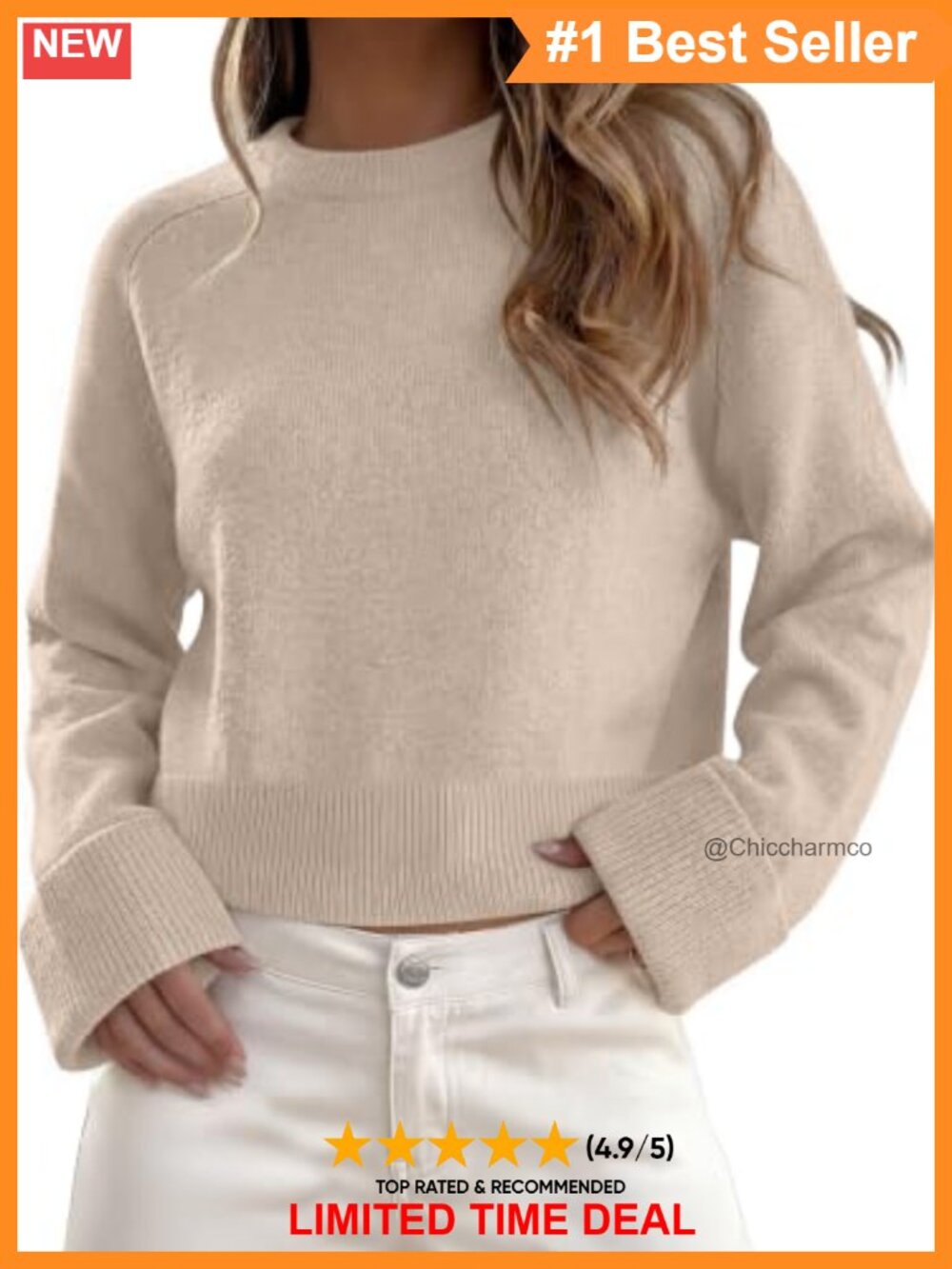 Women's Cropped Crew Neck Pullover Sweater Soft Knit Lightweight Long Sleeve